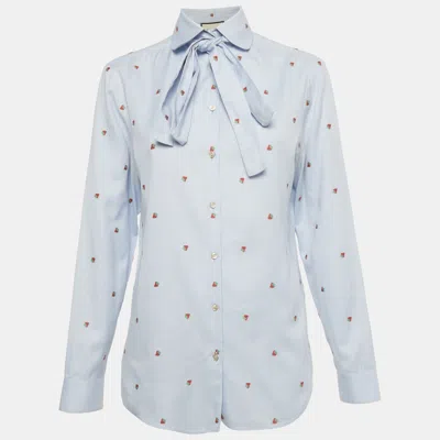 Pre-owned Gucci Blue Strawberry Embroidered Cotton Shirt S