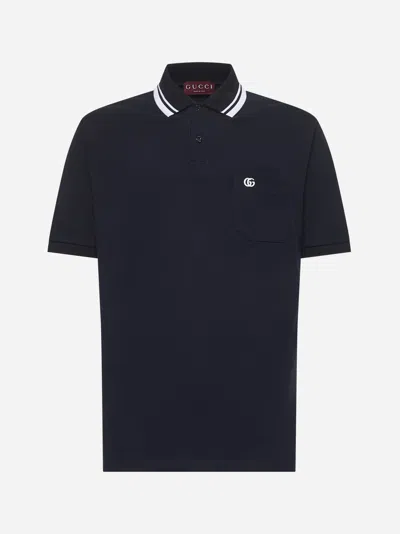 Gucci Blue Stretch Cotton Embroidered Polo Shirt