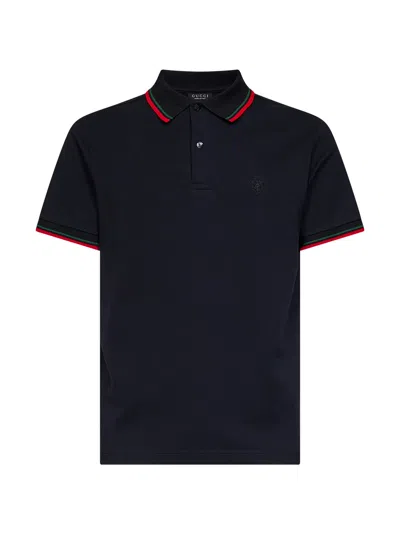 Gucci Short-sleeved Cotton Polo With Web Detail And Contrast Trim In Blue