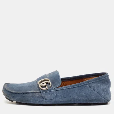 Pre-owned Gucci Blue Suede Double G Slip On Loafers Size 41
