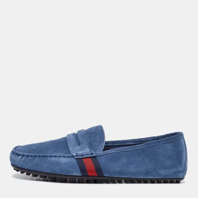 Pre-owned Gucci Blue Suede Web Trim Penny Loafers Size 41.5