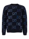 Gucci Blue Sweater With Gg Intarsia Knit In Wool Blend Man In Multicolor