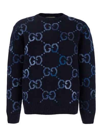 Gucci Blue Sweater With Gg Intarsia Knit In Wool Blend Man In Multicolor