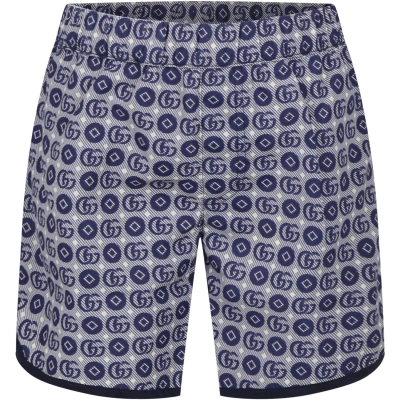 Gucci Kids' Blue Swim Shorts For Boy With Double G In Bluette