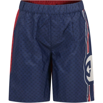 Gucci Kids' Blue Swim Shorts For Boy With Double G