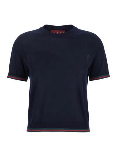 Gucci Blue T-shirt With Web Detail On The Edges In Cashmere And Silk Blend Woman