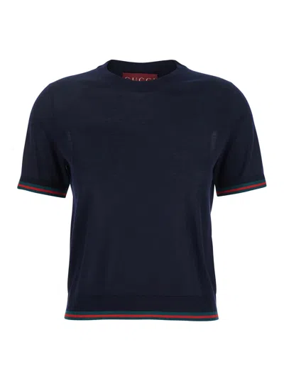 Gucci Blue T-shirt With Web Detail On The Edges In Cashmere And Silk Blend Woman In Multicolor
