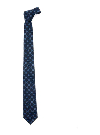 Gucci Blue Tie With Gg All-over Motif In Silk Man In Multicolor