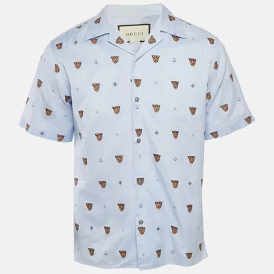 Pre-owned Gucci Blue Tiger Embroidered Cotton Bowling Shirt S