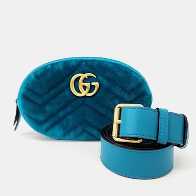 Pre-owned Gucci Blue Velvet Gg Marmont Matelasse Belt Bag