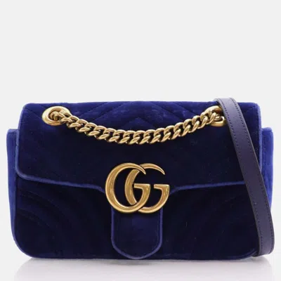 Pre-owned Gucci Blue Velvet Mini Gg Marmont Shoulder Bag