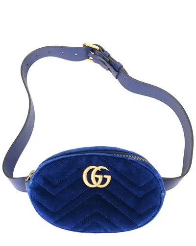 Gucci Blue Velvet Quilted Gg Marmont Belt Bag (authentic Pre-loved)