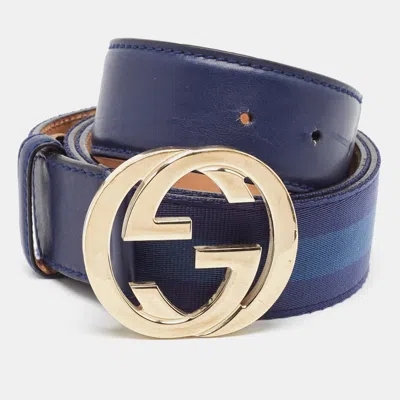 Pre-owned Gucci Blue Web Canvas And Leather Interlocking G Buckle Belt 95cm