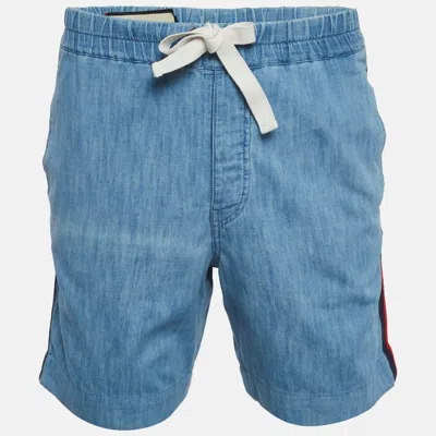 Pre-owned Gucci Blue Web Striped Chambray Bermuda Shorts Xs