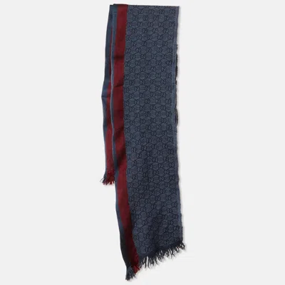 Pre-owned Gucci Blue Web Striped Gg Jacquard Wool Scarf