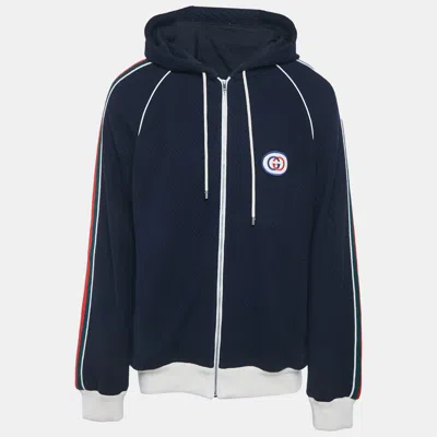 Pre-owned Gucci Blue Web Trim Textured Knit Hooded Jacket Xl