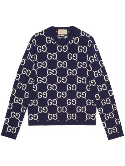 Gucci Blue Wool Crewneck Sweater For Men In Navy