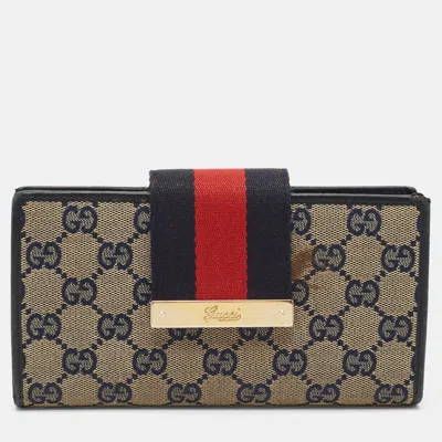 Pre-owned Gucci Blue/beige Gg Canvas And Leather Ladies Web Continental Wallet