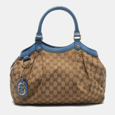 Pre-owned Gucci Blue/beige Gg Canvas And Leather Medium Sukey Tote