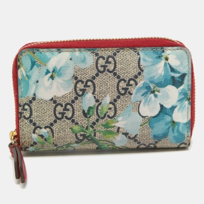 Pre-owned Gucci Blue/beige Gg Supreme Canvas Blooms Zip Card Case
