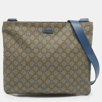 Pre-owned Gucci Blue/beige Gg Supreme Stars Canvas And Leather Flat Messenger Bag