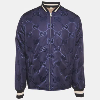 Pre-owned Gucci Blue/beige Jumbo Gg Nylon Reversible Jacket S