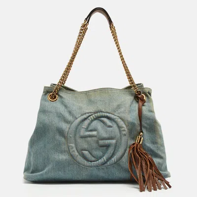 Pre-owned Gucci Blue/brown Denim And Leather Medium Soho Chain Shoulder Bag