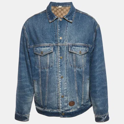 Pre-owned Gucci Blue/brown Gg Canvas And Denim Reversible Jacket Xl
