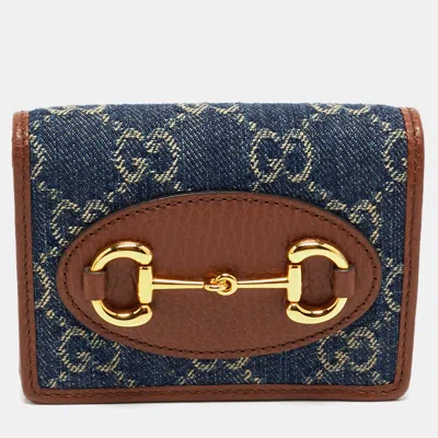 Pre-owned Gucci Blue/brown Gg Denim And Leather Horsebit 1955 Card Case