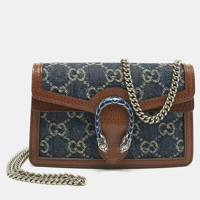 Pre-owned Gucci Blue/brown Gg Denim And Leather Super Mini Dionysus Shoulder Bag