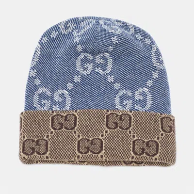 Pre-owned Gucci Blue/brown Gg Jacquard Wool Knit Beanie Hat S