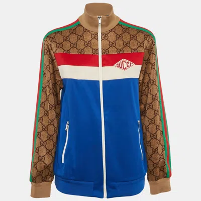 Pre-owned Gucci Blue/brown Gg Print Technical Jersey Blouson S