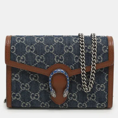 Pre-owned Gucci Blue/brown Gg Velvet Mini Dionysus Wallet On Chain