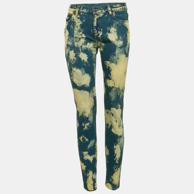 Pre-owned Gucci Blue/cream Bleached Effect Denim Cat Applique Jeans S Waist 28"