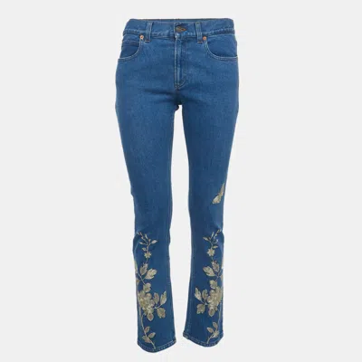 Pre-owned Gucci Blue/gold Floral Embroidered Denim Jeans M/waist 30"