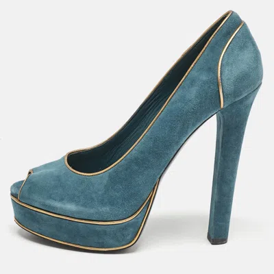 Pre-owned Gucci Bluegold Leather And Suede Peep Toe Pumps Size 39