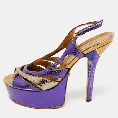 Pre-owned Gucci Blue/gold Snakeskin Embossed Leather Ankle Strap Sandals Size 39.5