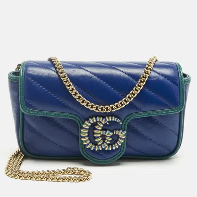 Pre-owned Gucci Blue/green Diagonal Quilt Leather Super Mini Gg Marmont Torchon Shoulder Bag