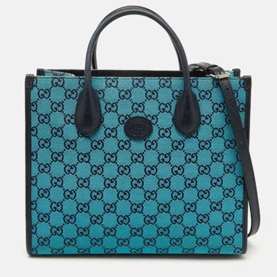 Pre-owned Gucci Blue/navy Blue Gg Canvas And Leather Small Structured Tote