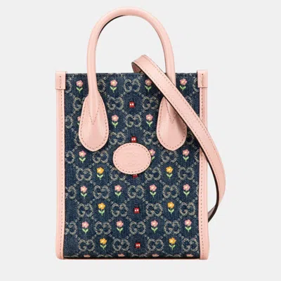 Pre-owned Gucci Blue & Pink Mini Gg Denim Interlocking G Flowers Tote Bag