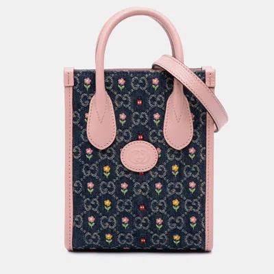 Pre-owned Gucci Blue/pink Mini Gg Denim Interlocking G Flowers Tote