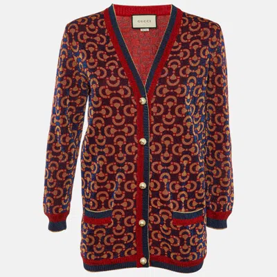Pre-owned Gucci Blue/red Horsebit Lurex Knit Button Front Cardigan L