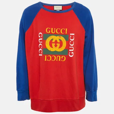 Pre-owned Gucci Blue/red Vintage Logo Print Cotton Knit Crewneck Sweatshirt Xl In Navy Blue