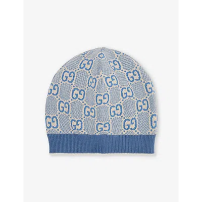 Gucci Kids' Monogram-print Ribbed Cotton Beanie 2-8 Years In Bluette/ivory