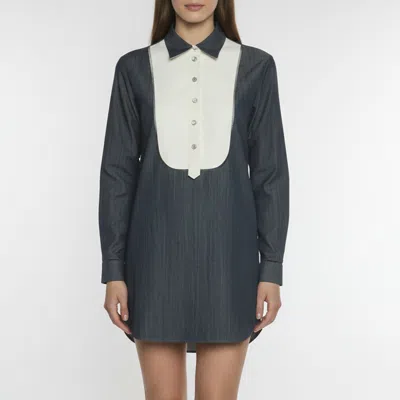 Pre-owned Gucci Blue/white Chambray And Crepe Bib Detail Shirt S