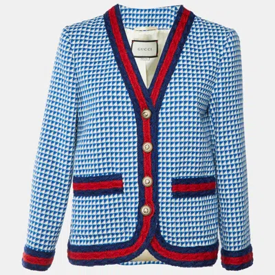 Pre-owned Gucci Blue/white Houndstooth Tweed Web Trim V-neck Jacket M