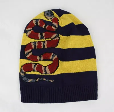 Gucci Blue/yellow Striped Wool Knit Beanie With Snake M/58 500928 4075 In Multi
