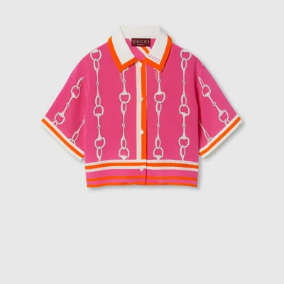 Gucci Horsebit Stripe Print Silk Shirt In Pink