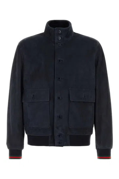 Gucci Stand-collar Leather Jacket With Dropped Shoulders And Flap Pockets In Blue