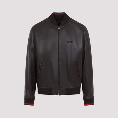 Gucci Men Dark Brown Leather Bomber Jacket
